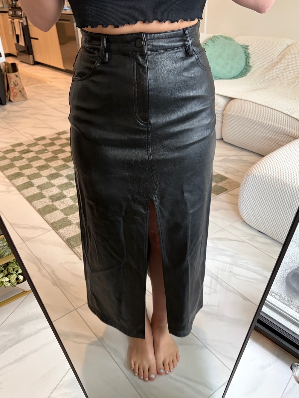 Pilcro Black Faux Leather Midi Skirt with Center Front Slit